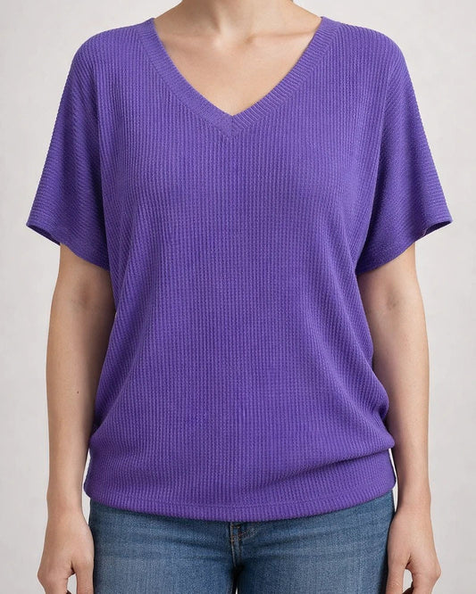 Women's Summer V-neck Ribbed T-shirt Casual Loose-fit Short-sleeve Top | JRSEE:1d24d565-18a9-4161-80e2-607912606d66