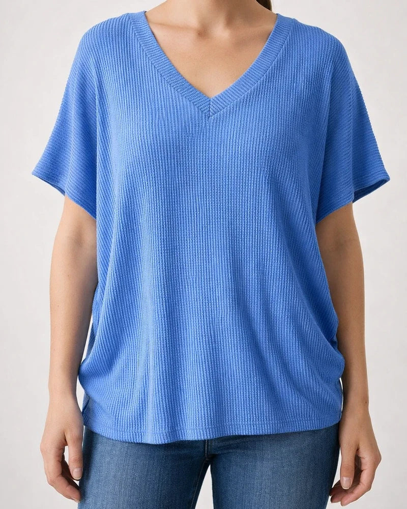 Women's Summer V-neck Ribbed T-shirt Casual Loose-fit Short-sleeve Top | JRSEE:3827a251-1c07-4df6-9ae4-2cdafc6cf9d0