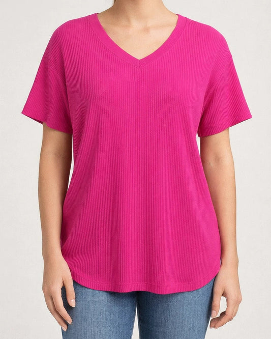 Women's Summer V-neck Ribbed T-shirt Casual Loose-fit Short-sleeve Top | JRSEE:8490ed85-c487-41fc-95a8-4512d287b547