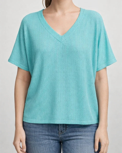 Women's Summer V-neck Ribbed T-shirt Casual Loose-fit Short-sleeve Top | JRSEE:253cd518-6f89-4810-ace9-5f65c97ebc6e