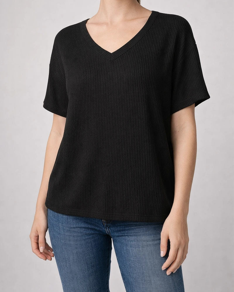 Women's Summer V-neck Ribbed T-shirt Casual Loose-fit Short-sleeve Top | JRSEE:c0b6b943-8577-4890-9d93-22e6b624e571