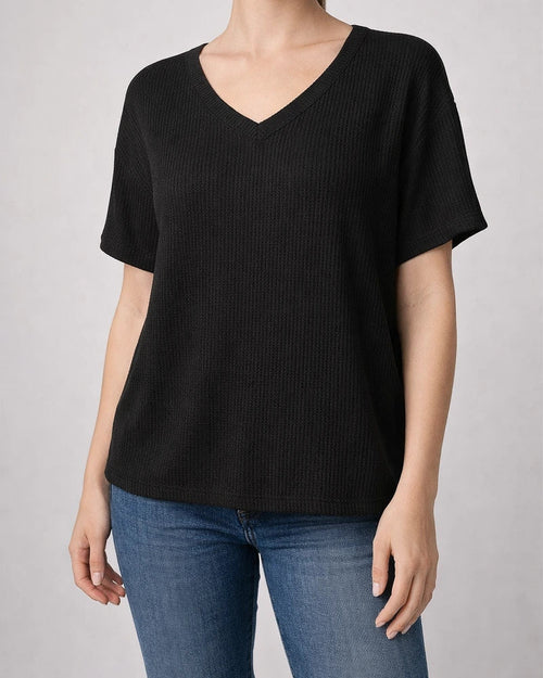 Women's Summer V-neck Ribbed T-shirt Casual Loose-fit Short-sleeve Top | JRSEE:c0b6b943-8577-4890-9d93-22e6b624e571
