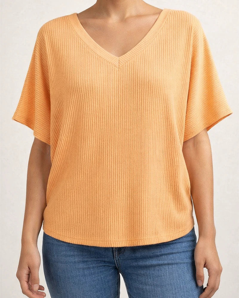 Women's Summer V-neck Ribbed T-shirt Casual Loose-fit Short-sleeve Top | JRSEE:0ff7d343-6576-4374-8e8b-9b053f2163b4