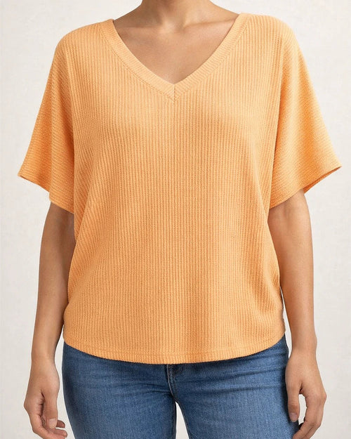 Women's Summer V-neck Ribbed T-shirt Casual Loose-fit Short-sleeve Top | JRSEE:0ff7d343-6576-4374-8e8b-9b053f2163b4