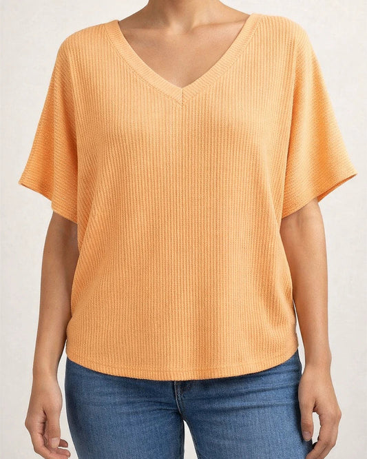 Women's Summer V-neck Ribbed T-shirt Casual Loose-fit Short-sleeve Top | JRSEE:0ff7d343-6576-4374-8e8b-9b053f2163b4