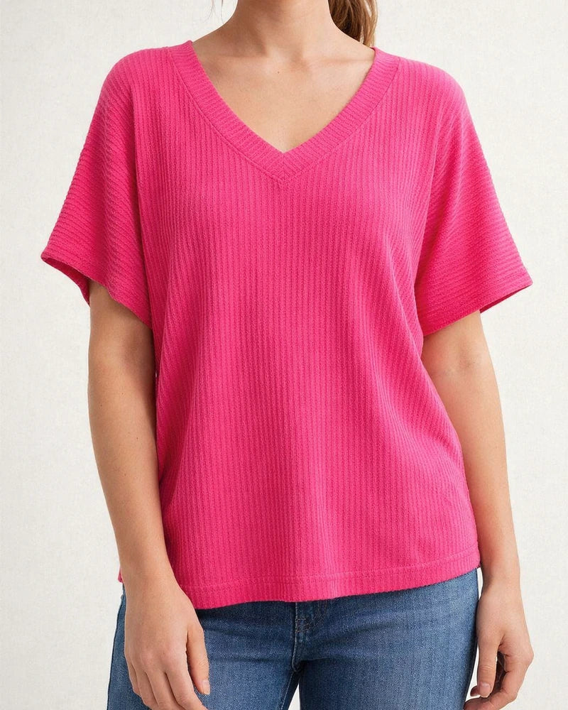 Women's Summer V-neck Ribbed T-shirt Casual Loose-fit Short-sleeve Top | JRSEE:734aad0e-25ba-40b8-9f50-aaa90c3c06d5