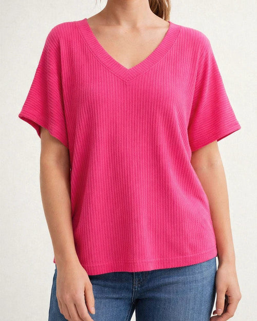 Women's Summer V-neck Ribbed T-shirt Casual Loose-fit Short-sleeve Top | JRSEE:734aad0e-25ba-40b8-9f50-aaa90c3c06d5