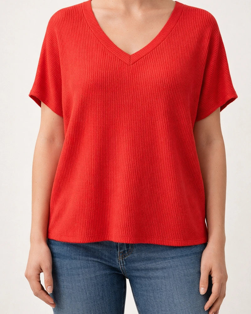 Women's Summer V-neck Ribbed T-shirt Casual Loose-fit Short-sleeve Top | JRSEE:3a749405-5a98-4f64-b975-06ce3fd0847a