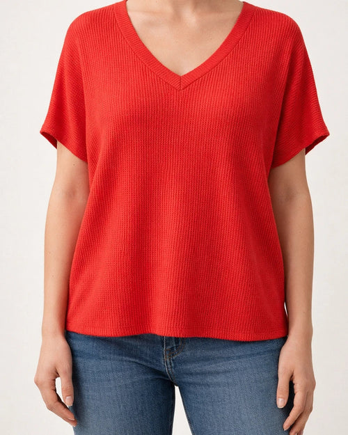 Women's Summer V-neck Ribbed T-shirt Casual Loose-fit Short-sleeve Top | JRSEE:3a749405-5a98-4f64-b975-06ce3fd0847a