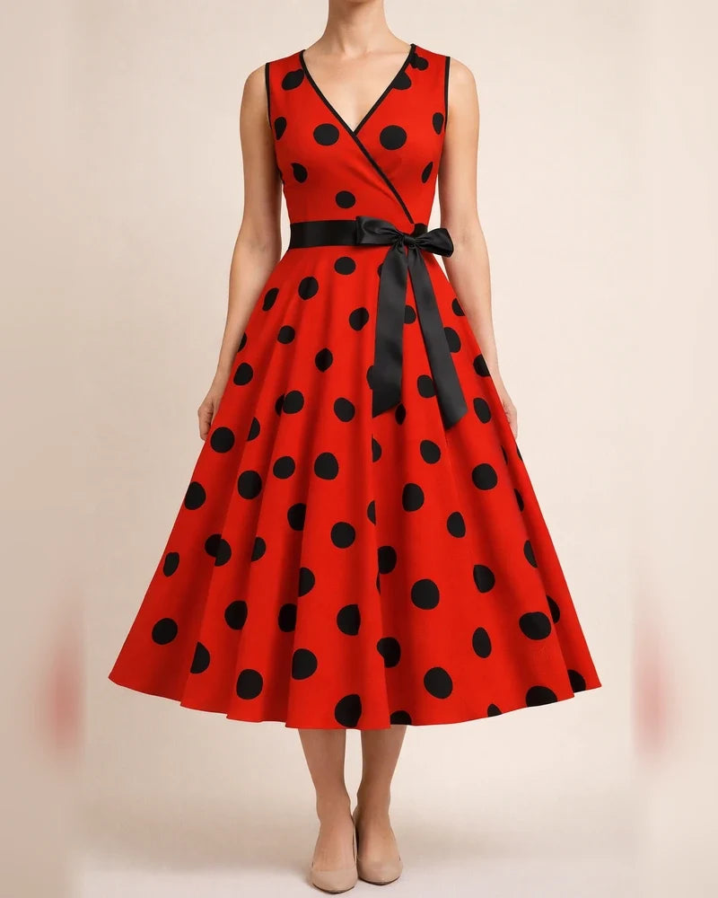 Women's Summer V-neck Sleeveless Polka Dot Tie-Waist Retro Full-Skirt Dress | JRSEE:c088efeb-03fa-450e-be9d-46d7ea714c48