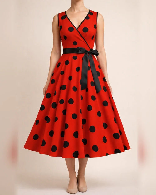 Women's Summer V-neck Sleeveless Polka Dot Tie-Waist Retro Full-Skirt Dress | JRSEE:c088efeb-03fa-450e-be9d-46d7ea714c48