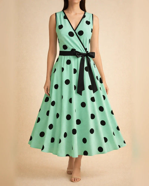 Women's Summer V-neck Sleeveless Polka Dot Tie-Waist Retro Full-Skirt Dress | JRSEE:fe5c0f20-8150-4ca1-9860-c1dde265ce8d