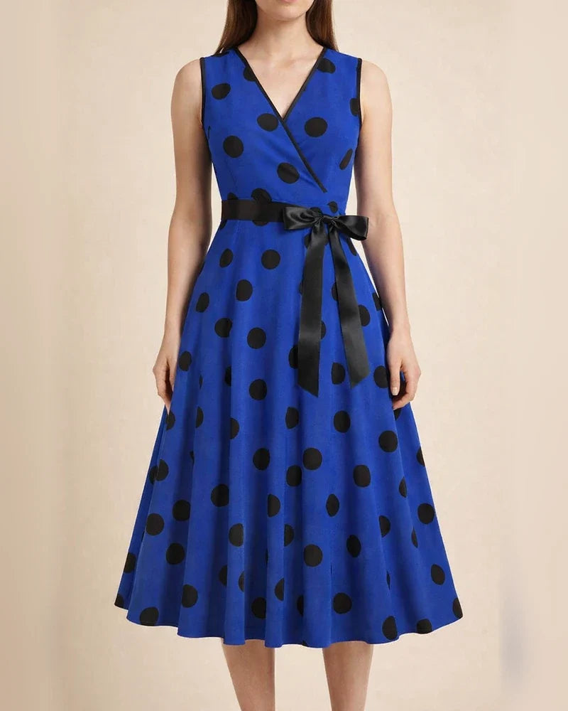 Women's Summer V-neck Sleeveless Polka Dot Tie-Waist Retro Full-Skirt Dress | JRSEE:4a7c0722-dfd3-4cdb-ad7a-684f17c52311