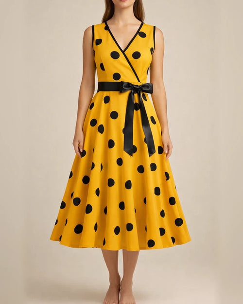 Women's Summer V-neck Sleeveless Polka Dot Tie-Waist Retro Full-Skirt Dress | JRSEE:52341c85-deec-4548-8c51-25804d9289e6