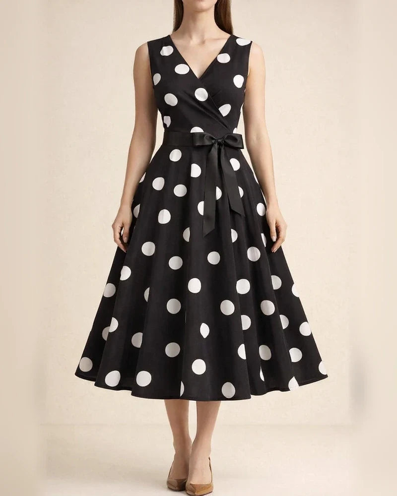 Women's Summer V-neck Sleeveless Polka Dot Tie-Waist Retro Full-Skirt Dress | JRSEE:0cbaa4c5-4efd-439f-852c-19107ef0a2ee