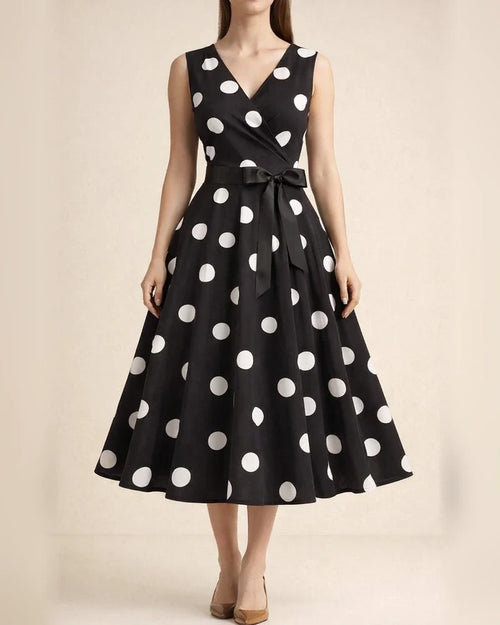 Women's Summer V-neck Sleeveless Polka Dot Tie-Waist Retro Full-Skirt Dress | JRSEE:0cbaa4c5-4efd-439f-852c-19107ef0a2ee