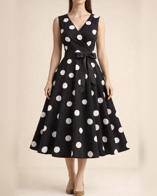 Women's Summer V-neck Sleeveless Polka Dot Tie-Waist Retro Full-Skirt Dress | JRSEE:0cbaa4c5-4efd-439f-852c-19107ef0a2ee