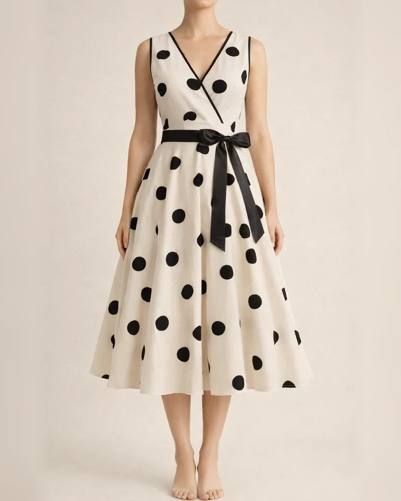 Women's Summer V-neck Sleeveless Polka Dot Tie-Waist Retro Full-Skirt Dress | JRSEE:e2f8881a-b6a6-4d2c-9d10-20af09d8961a