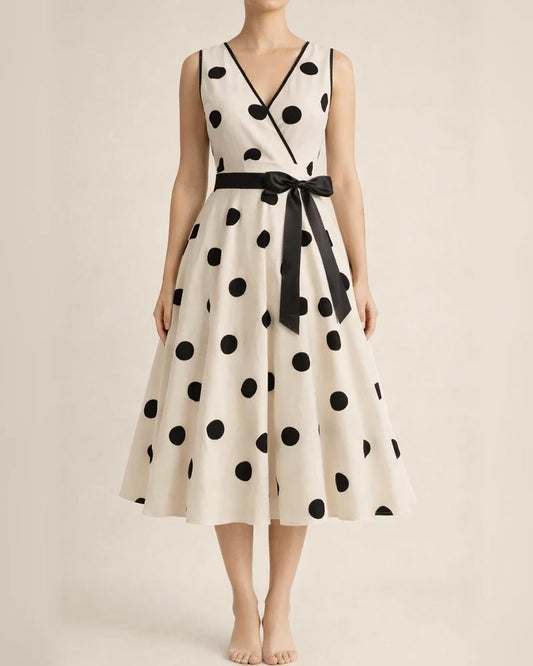 Women's Summer V-neck Sleeveless Polka Dot Tie-Waist Retro Full-Skirt Dress | JRSEE:e2f8881a-b6a6-4d2c-9d10-20af09d8961a