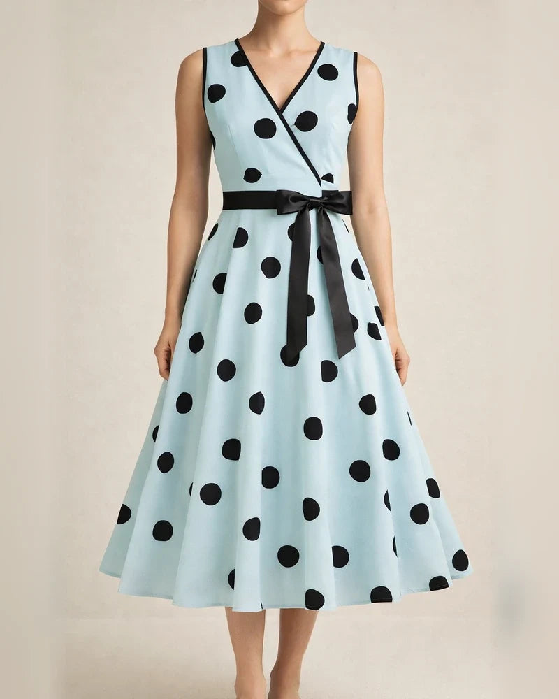 Women's Summer V-neck Sleeveless Polka Dot Tie-Waist Retro Full-Skirt Dress | JRSEE:c178fc4b-23ff-4013-a45a-5f41bc135709