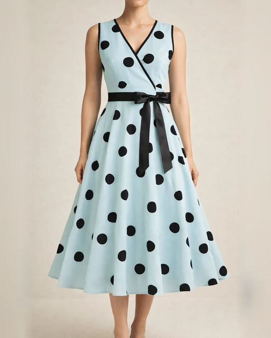 Women's Summer V-neck Sleeveless Polka Dot Tie-Waist Retro Full-Skirt Dress | JRSEE:c178fc4b-23ff-4013-a45a-5f41bc135709
