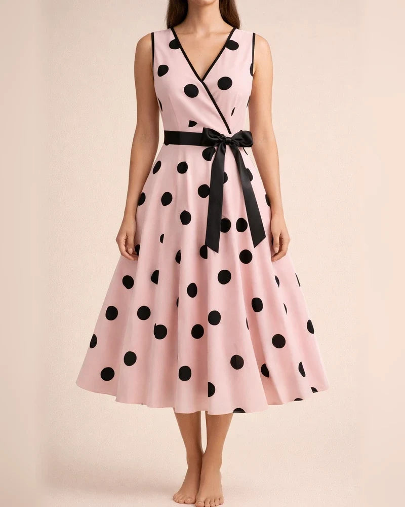 Women's Summer V-neck Sleeveless Polka Dot Tie-Waist Retro Full-Skirt Dress | JRSEE:67f29530-ff1c-44be-a15d-066e30884681