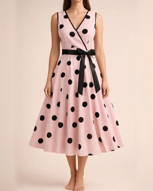 Women's Summer V-neck Sleeveless Polka Dot Tie-Waist Retro Full-Skirt Dress | JRSEE:67f29530-ff1c-44be-a15d-066e30884681