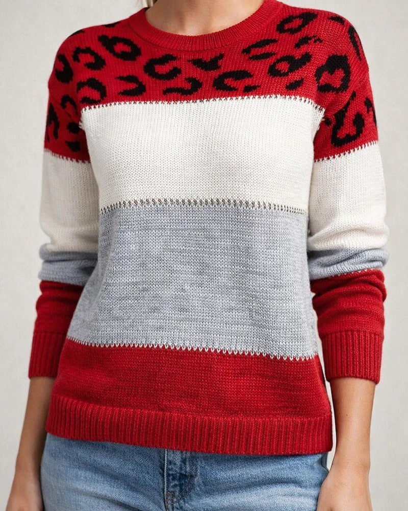 Women's Sweater Pullover Jumper Knitted Color Block Leopard Stylish Casual Long Sleeve Regular Fit Sweater Cardigans Crew Neck Fall Winter Blushing Pink Gray Red / Holiday / Going out | JRSEE:2a27f118-451f-492c-84a5-c9579b946522