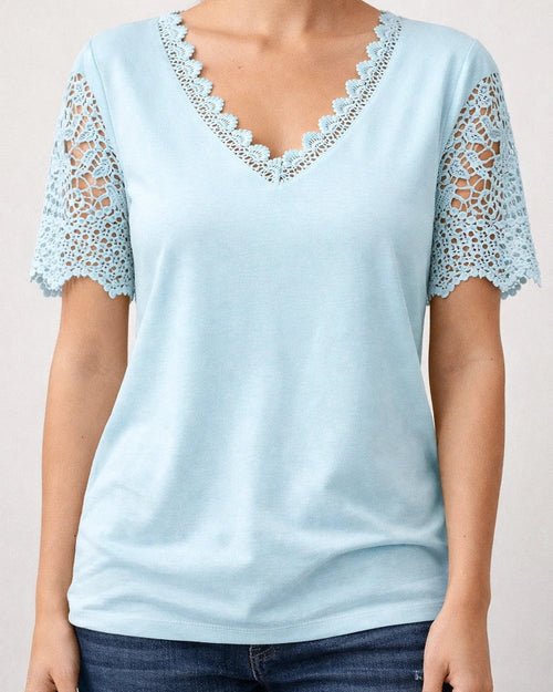 Women's T-shirt Lace Lace Splicing Loose V-neck Short-sleeved Solid Color T-shirt | JRSEE:e1f6ccdd-de08-42c6-b66d-2edbf555af75