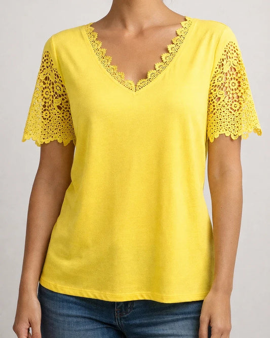 Women's T-shirt Lace Lace Splicing Loose V-neck Short-sleeved Solid Color T-shirt | JRSEE:5e2268f2-f090-48e8-a317-d6ba3ba66de5