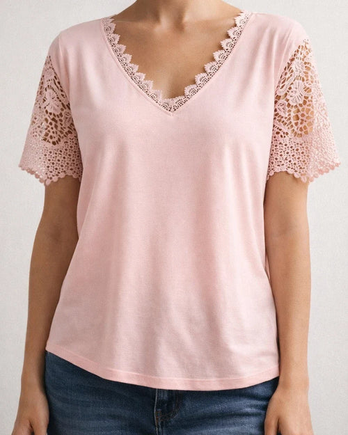 Women's T-shirt Lace Lace Splicing Loose V-neck Short-sleeved Solid Color T-shirt | JRSEE:1a298ba4-a096-4a4e-91ca-d9bc90bc1084