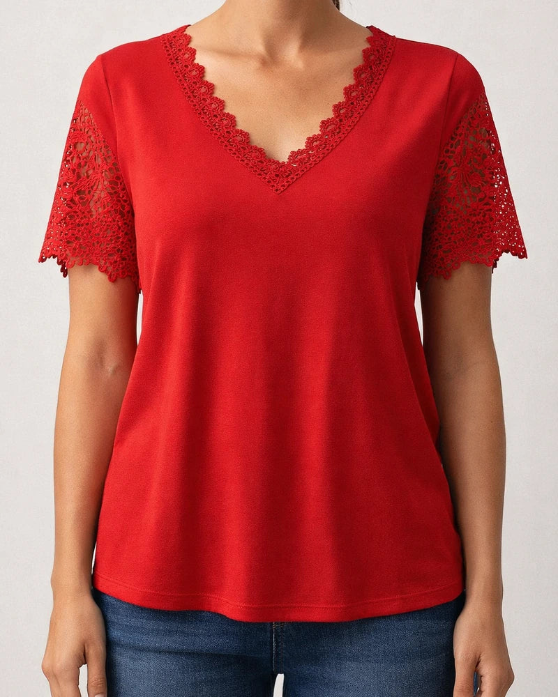 Women's T-shirt Lace Lace Splicing Loose V-neck Short-sleeved Solid Color T-shirt | JRSEE:96bdcb6e-6bdf-46ba-a40f-fdb44031d396