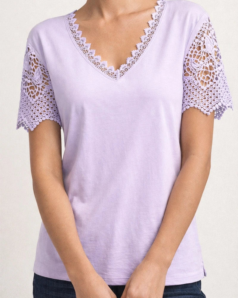 Women's T-shirt Lace Lace Splicing Loose V-neck Short-sleeved Solid Color T-shirt | JRSEE:9d2d3401-ee05-4578-9ba4-a8ae35b14a07