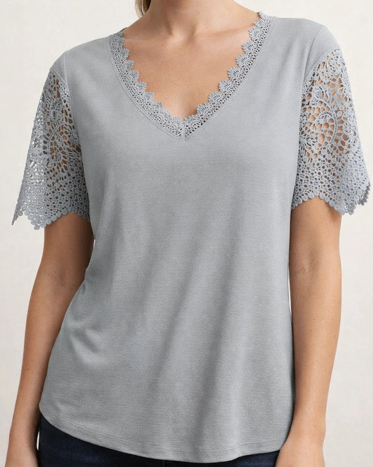 Women's T-shirt Lace Lace Splicing Loose V-neck Short-sleeved Solid Color T-shirt | JRSEE:d5cccdab-aff4-4edb-85b3-1911a1d42d64