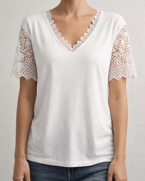 Women's T-shirt Lace Lace Splicing Loose V-neck Short-sleeved Solid Color T-shirt | JRSEE:918b178b-0baa-4cef-831c-7466edba4dd0