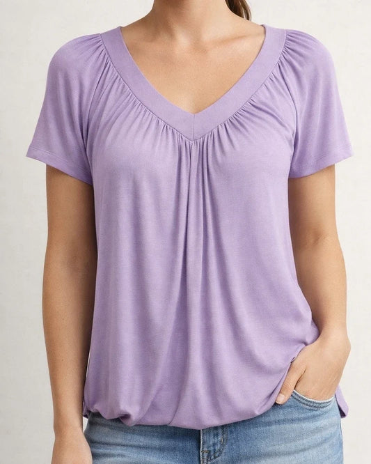 Women's T-shirt New Casual Pleated Solid Color V-neck Short Sleeve T-shirt | JRSEE:8959c716-3939-4779-bbd0-d97d134c4d2d