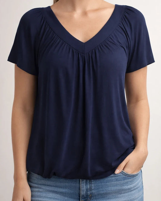 Women's T-shirt New Casual Pleated Solid Color V-neck Short Sleeve T-shirt | JRSEE:71621965-dfbe-47fd-a053-61718d62052d