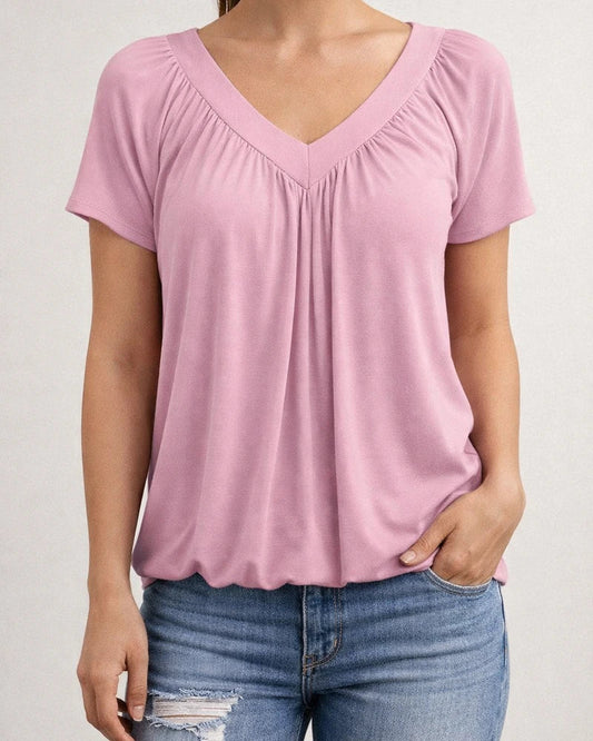 Women's T-shirt New Casual Pleated Solid Color V-neck Short Sleeve T-shirt | JRSEE:8588e697-37c7-4b50-834d-8ca910a24685