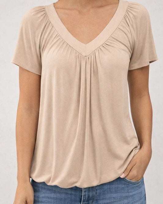 Women's T-shirt New Casual Pleated Solid Color V-neck Short Sleeve T-shirt | JRSEE:568a4bc3-6676-4397-9499-70871a5c1729