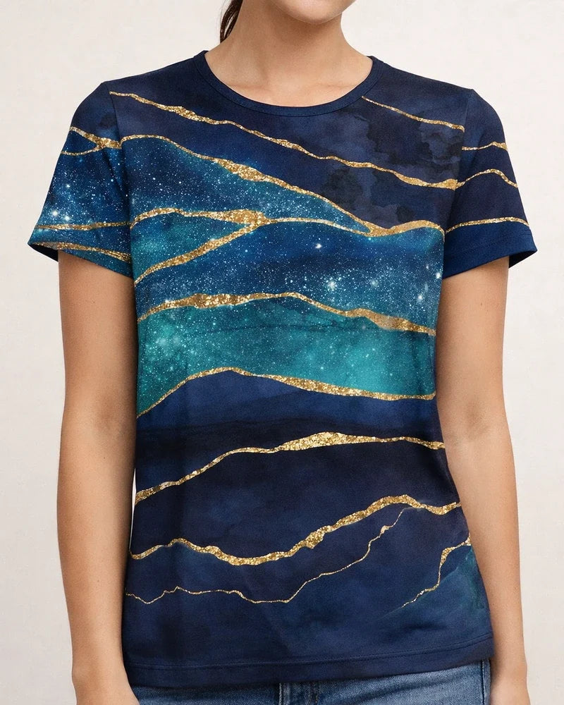 Women's T shirt Tee Blue Graphic Geometric Print Short Sleeve Casual Weekend Basic Round Neck Regular Abstract Painting S / 3D Print | JRSEE:4e03566e-3f52-4f5e-9f99-a115d38f05d7