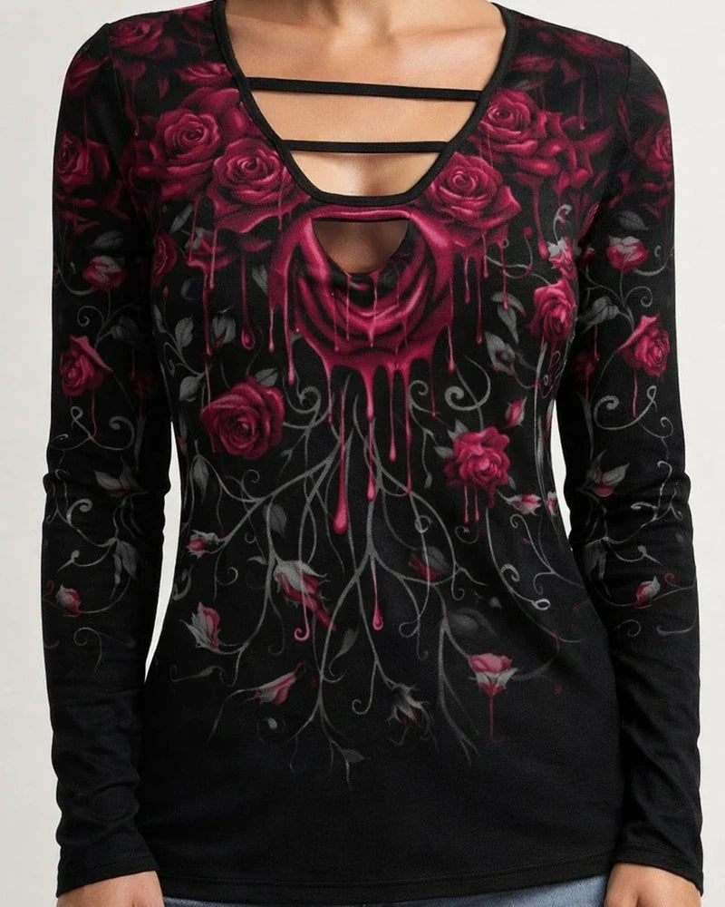 Women's T shirt Tee Green Blue Pink Floral Print Long Sleeve Holiday Weekend Basic V Neck Regular Floral Painting | JRSEE:b57f3ab9-241f-41f5-9c5e-a652cf172912
