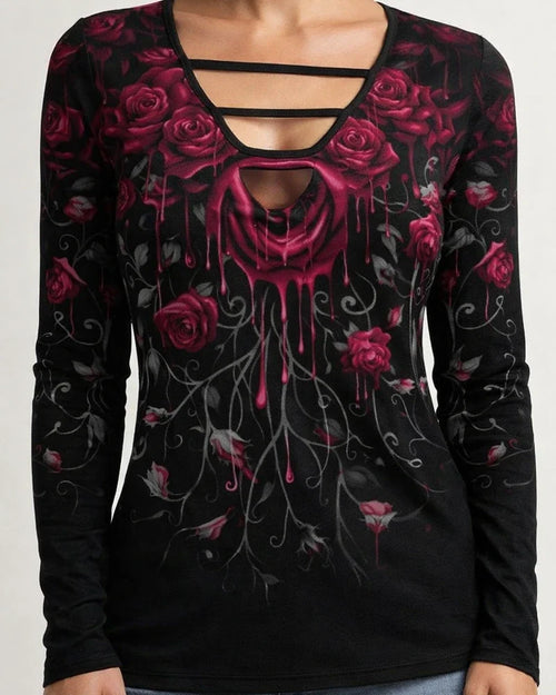 Women's T shirt Tee Green Blue Pink Floral Print Long Sleeve Holiday Weekend Basic V Neck Regular Floral Painting | JRSEE:b57f3ab9-241f-41f5-9c5e-a652cf172912
