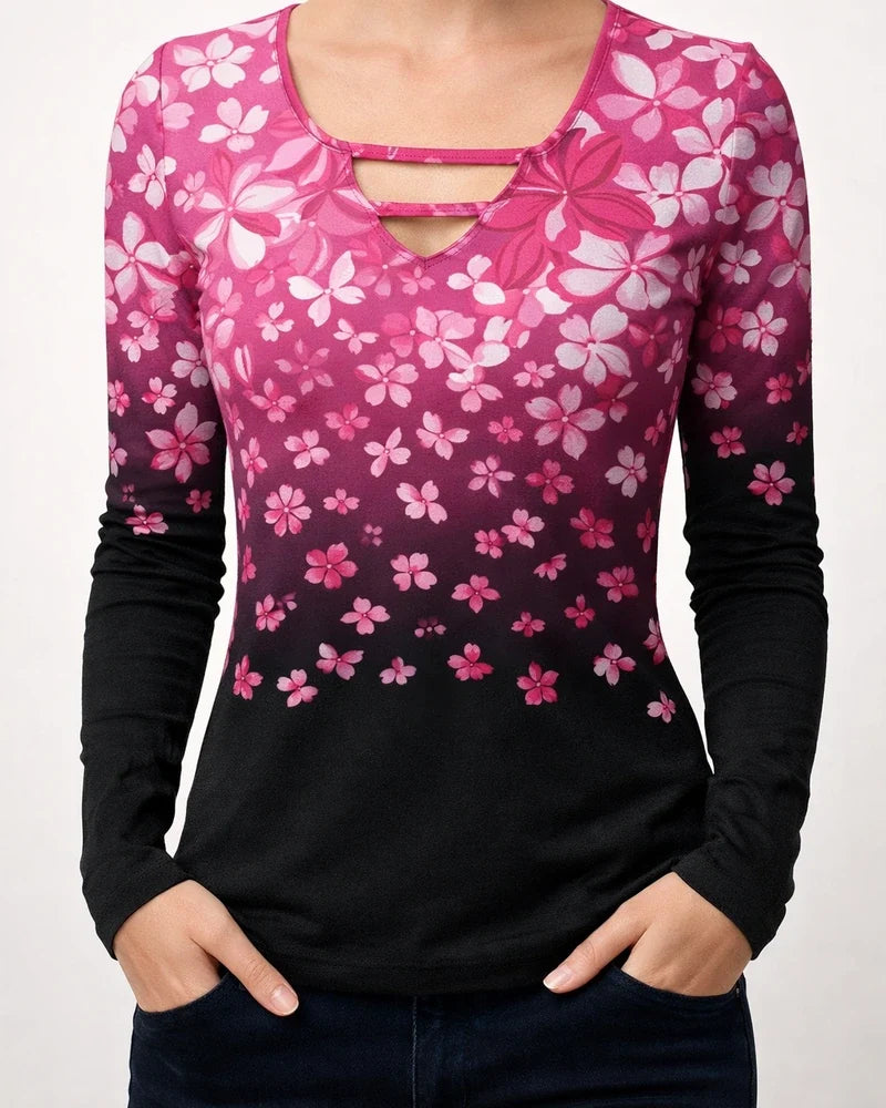 Women's T shirt Tee Green Blue Pink Floral Print Long Sleeve Holiday Weekend Basic V Neck Regular Floral Painting | JRSEE:7589eb65-c4cc-4f83-94ea-6c4fd2bae2d3