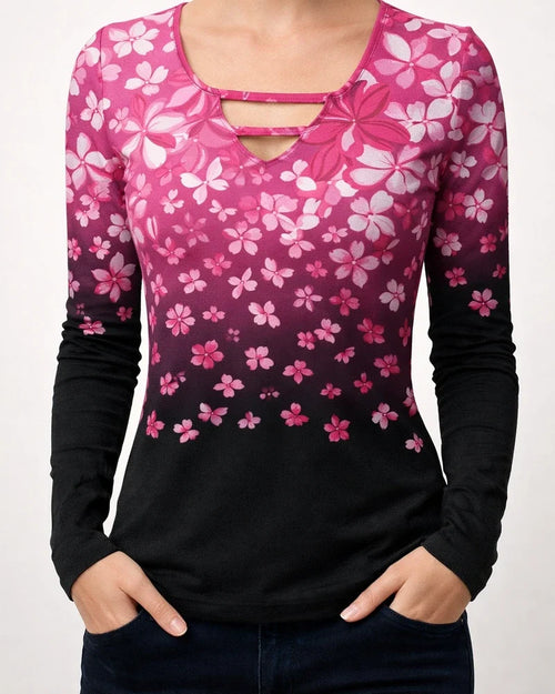 Women's T shirt Tee Green Blue Pink Floral Print Long Sleeve Holiday Weekend Basic V Neck Regular Floral Painting | JRSEE:7589eb65-c4cc-4f83-94ea-6c4fd2bae2d3