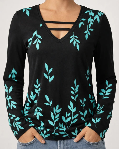 Women's T shirt Tee Green Blue Pink Floral Print Long Sleeve Holiday Weekend Basic V Neck Regular Floral Painting | JRSEE:94fb8d22-a45c-4c17-a30a-2eb1d9b500ca