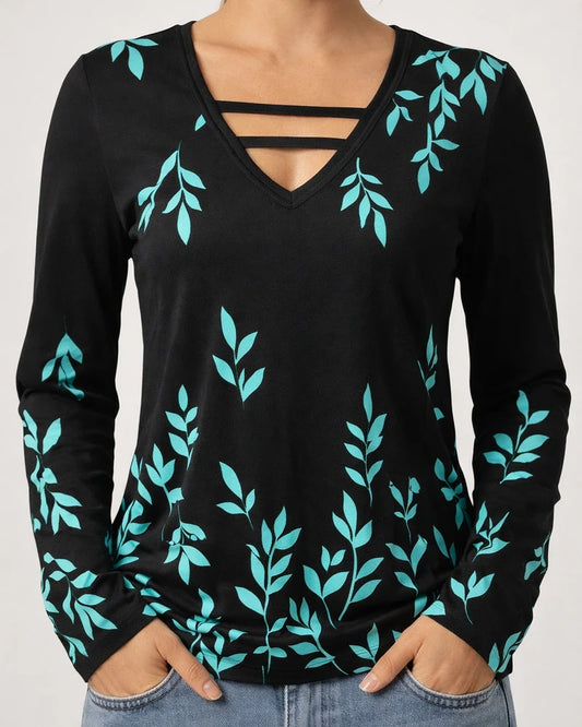 Women's T shirt Tee Green Blue Pink Floral Print Long Sleeve Holiday Weekend Basic V Neck Regular Floral Painting | JRSEE:94fb8d22-a45c-4c17-a30a-2eb1d9b500ca