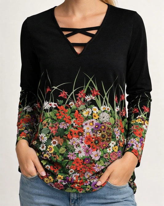 Women's T shirt Tee Green Blue Pink Floral Print Long Sleeve Holiday Weekend Basic V Neck Regular Floral Painting | JRSEE:cf81895e-5f87-4fcc-baa5-c670ff3c735b