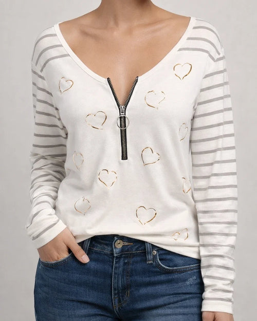 Women's T shirt Tee Pink White Black Heart Quarter Zip Print Long Sleeve Casual V Neck Regular Loose Fit | JRSEE:6a9fa439-56f4-48d9-9587-cc7458ccb369