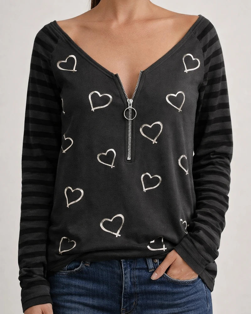 Women's T shirt Tee Pink White Black Heart Quarter Zip Print Long Sleeve Casual V Neck Regular Loose Fit | JRSEE:ac8e723f-67f7-4397-8d20-71e1f90df945