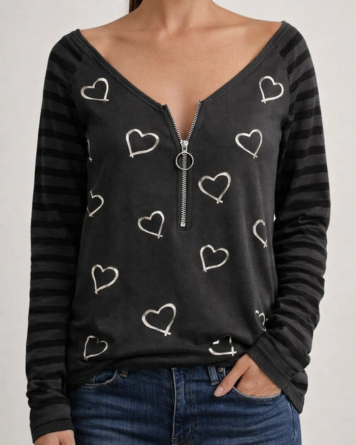 Women's T shirt Tee Pink White Black Heart Quarter Zip Print Long Sleeve Casual V Neck Regular Loose Fit | JRSEE:ac8e723f-67f7-4397-8d20-71e1f90df945